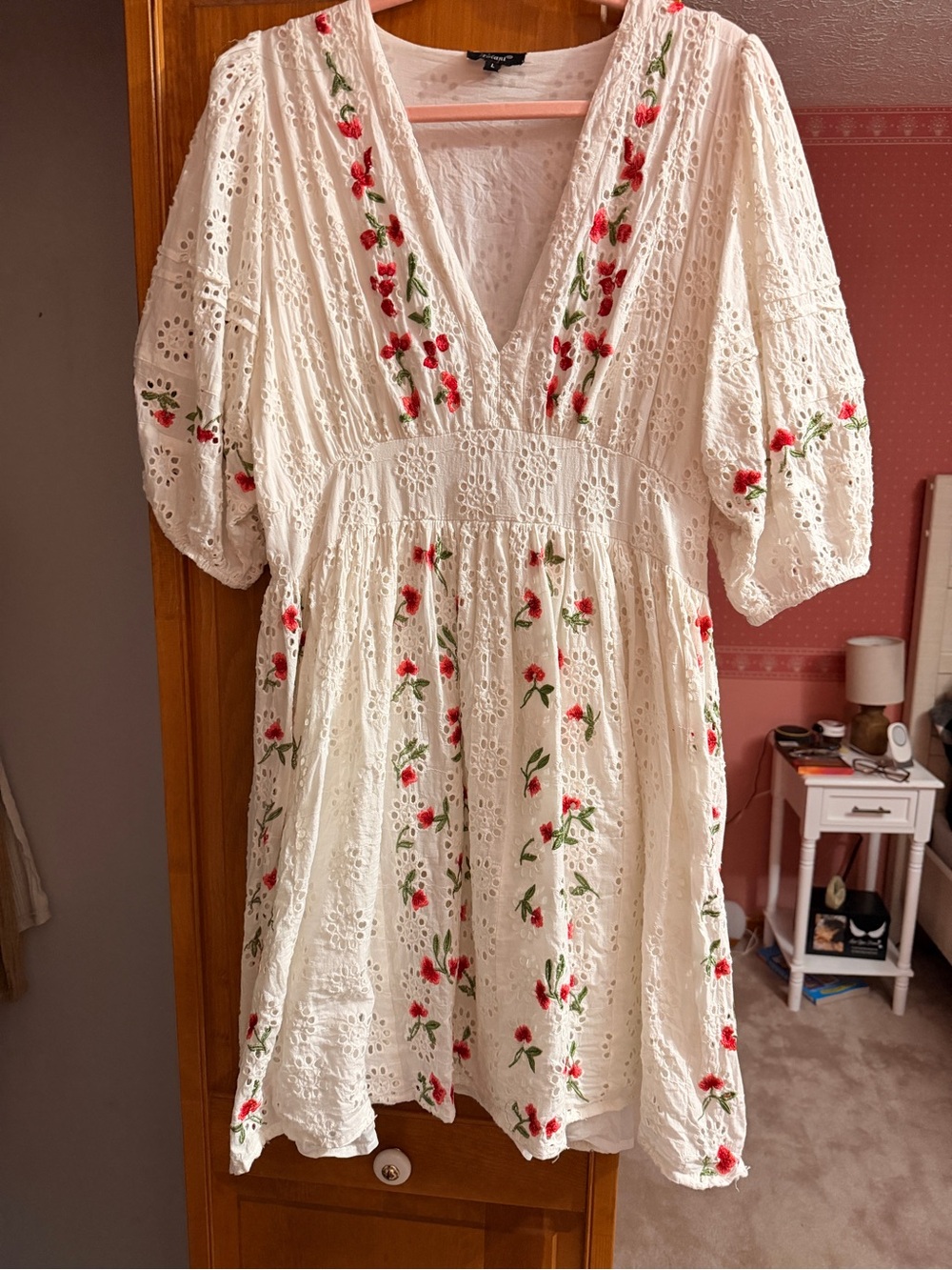 Tolani White Eyelet Tunic Dress with Red Floral Embroidery